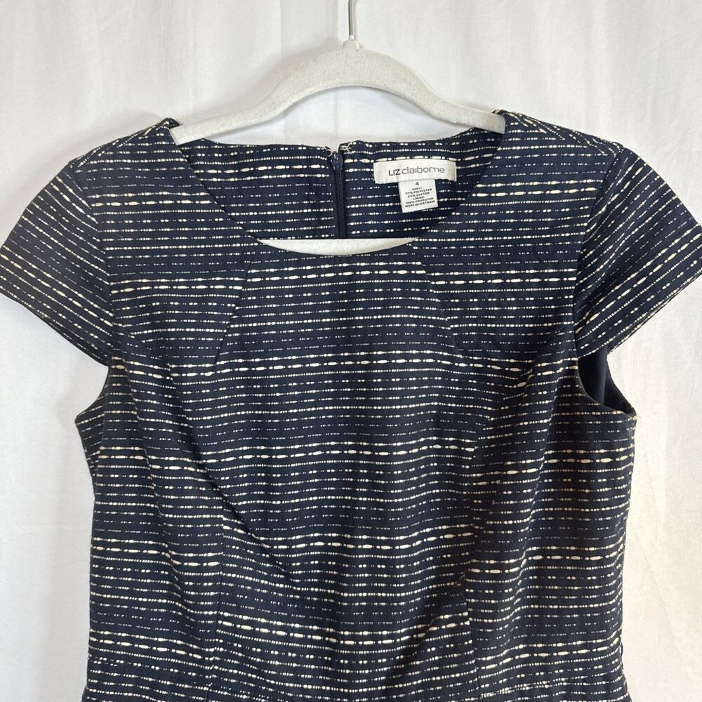Liz Claiborne Cap Sleeve Navy Blue/Cream Striped Dress Size 4 Preowned - Picture 4 of 13
